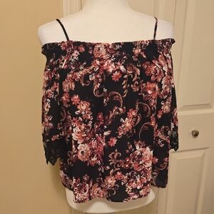 Iz Byer Black and Pink Floral Blouse